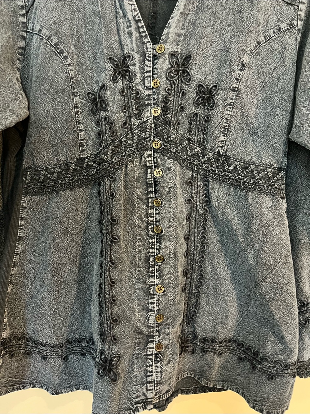 Caamano Y2K cotton embroidered blue peasant babydoll V neck Western Indie top L - Picture 7 of 12
